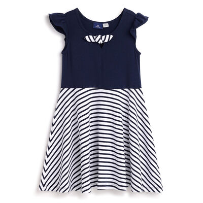 Girls White and Blue Striped Short Sleeve Dress